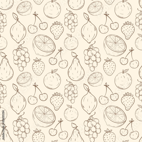 Fruits outline pattern. Doodle hand draw fruits seamless pattern. Organic healthy food pattern in thin line style
