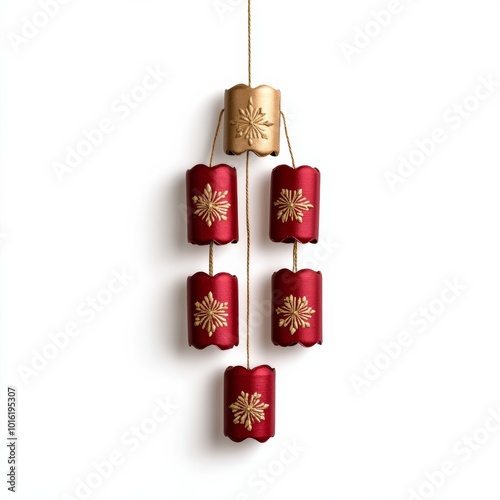 Decorative firecracker string with red and gold details hanging vertically isolated on white background 