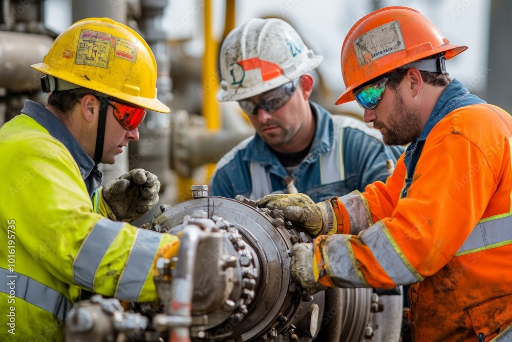 Three construction workers intently examining industrial machinery, highlighting attention to detail, teamwork, and troubleshooting in maintenance tasks. Three construction workers intently examining industrial machinery, highlighting attention to detail, teamwork, and troubleshooting in maintenance tasks.