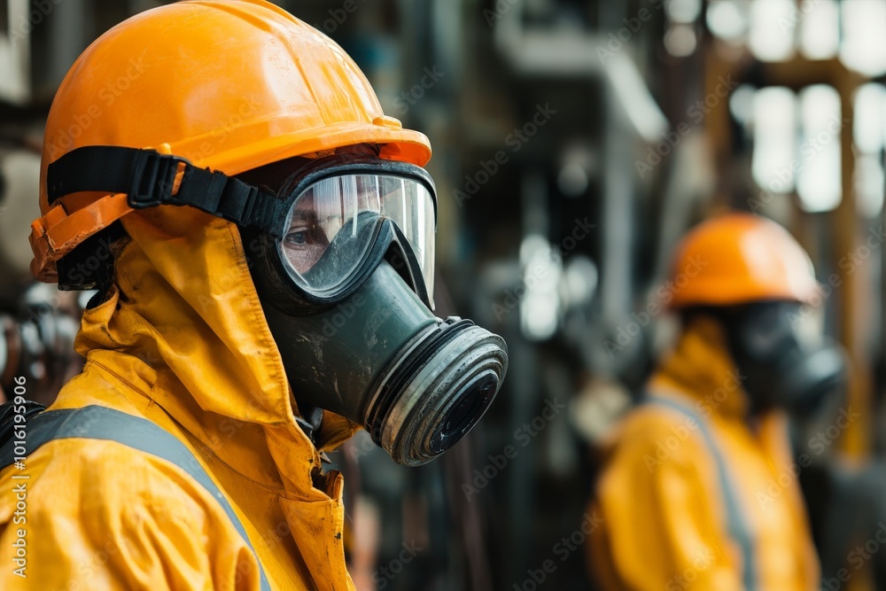 A worker in orange protective clothing and a gas mask operates in an industrial setting, ensuring safety and precision in a highly technical environment. A worker in orange protective clothing and a gas mask operates in an industrial setting, ensuring safety and precision in a highly technical environment.