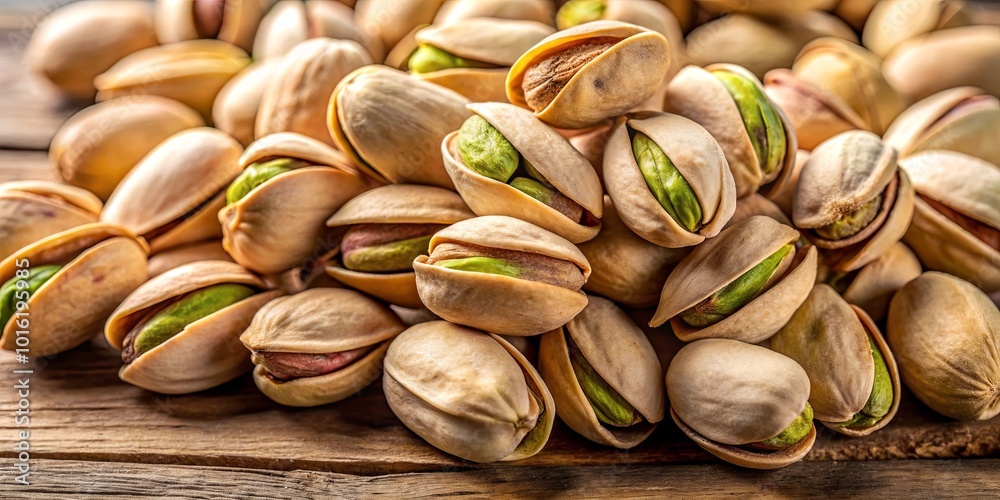 A close-up of a pile of pistachios, their shells a delicate beige, with green kernels peeking out, resting on a rough-hewn wooden surface. A close-up of a pile of pistachios, their shells a delicate beige, with green kernels peeking out, resting on a rough-hewn wooden surface.