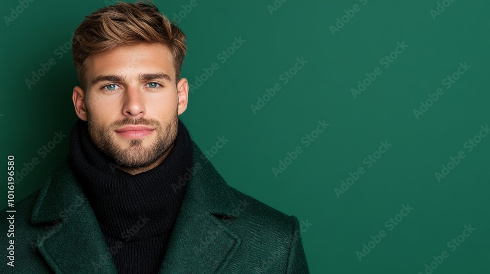Fashion-forward man in a Christmas coat with fur trim and a stylish scarf on a sleek dark green-to-silver gradient background Fashion-forward man in a Christmas coat with fur trim and a stylish scarf on a sleek dark green-to-silver gradient background