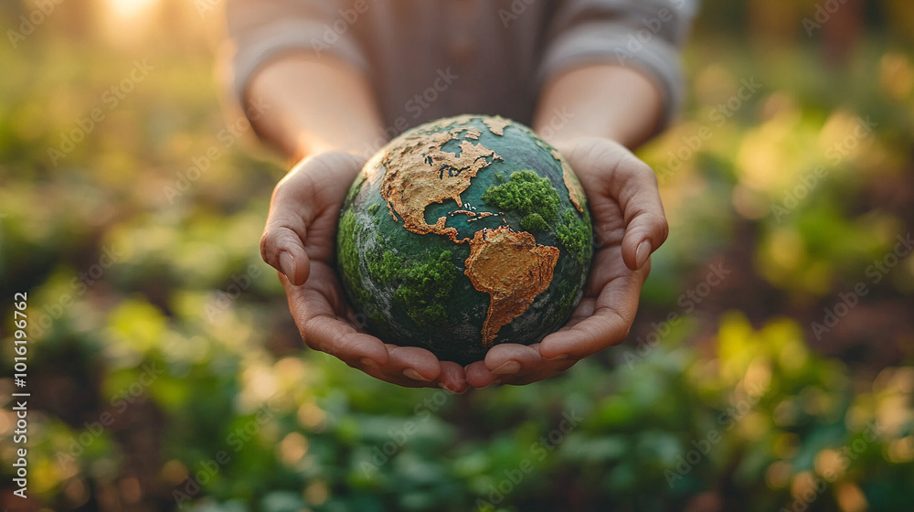 Two hands gently cradle a vibrant green Earth against a soft, blurred green bokeh background, symbolizing environmental care, global unity, and sustainability Two hands gently cradle a vibrant green Earth against a soft, blurred green bokeh background, symbolizing environmental care, global unity, and sustainability