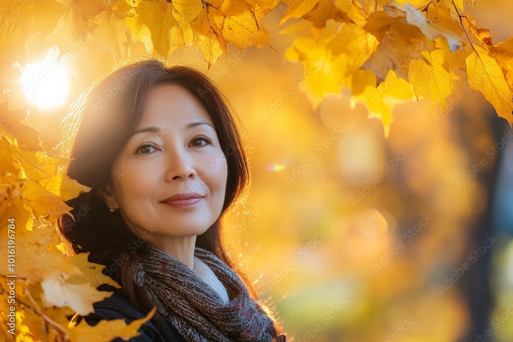 A serene woman basks in sunlight, framed by golden autumn leaves, wearing a scarf, encapsulating the beauty and tranquility of the fall season in her peaceful expression. A serene woman basks in sunlight, framed by golden autumn leaves, wearing a scarf, encapsulating the beauty and tranquility of the fall season in her peaceful expression.