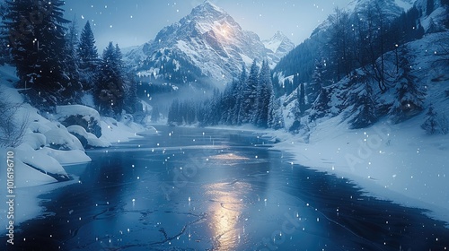 Night, dark blue tone, frozen lake, mysterious forest and snowy mountains in the distance, mysterious starry sky in the background.