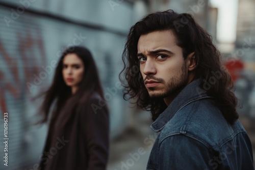 A young man with long hair in a denim jacket looks pensive, while a woman in the background adds depth to the urban street scene with graffiti and grit.