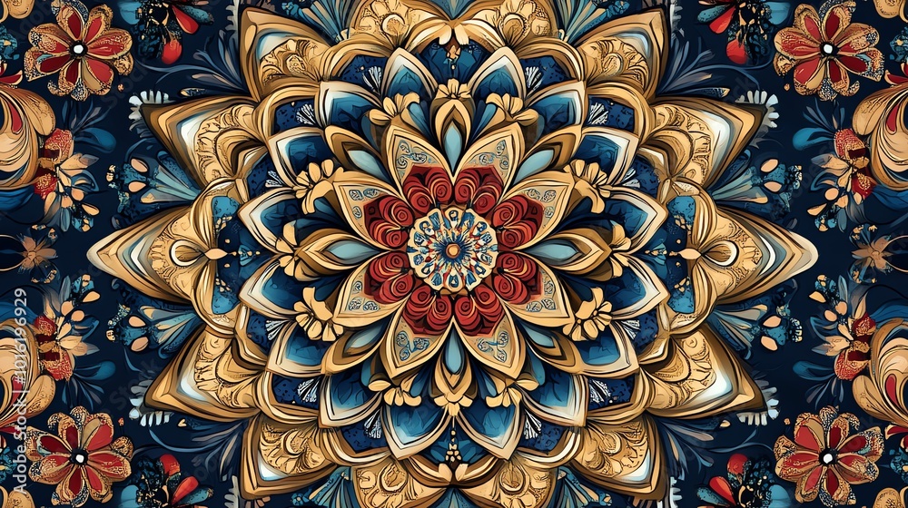 A symmetrical mandala pattern with intricate details in gold, blue, and red colors. A symmetrical mandala pattern with intricate details in gold, blue, and red colors.