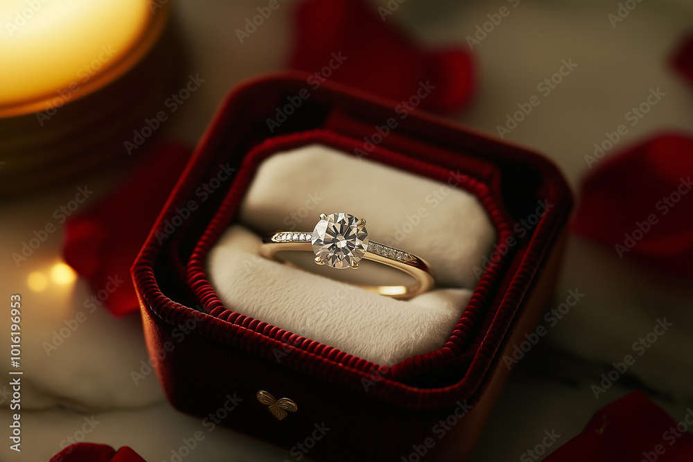 Open engagement ring box on an elegantly set dinner table, surrounded by candles, wine glasses, and a bouquet of roses. Soft candlelight reflects off the ring, creating a warm, romantic atmosphere Open engagement ring box on an elegantly set dinner table, surrounded by candles, wine glasses, and a bouquet of roses. Soft candlelight reflects off the ring, creating a warm, romantic atmosphere