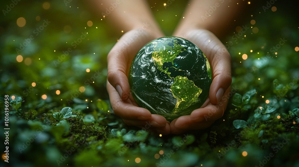 Two hands gently cradle a vibrant green Earth against a soft, blurred green bokeh background, symbolizing environmental care, global unity, and sustainability Two hands gently cradle a vibrant green Earth against a soft, blurred green bokeh background, symbolizing environmental care, global unity, and sustainability