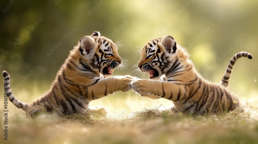 Obraz premium Playful Tigers Engaging in a Friendly Encounter