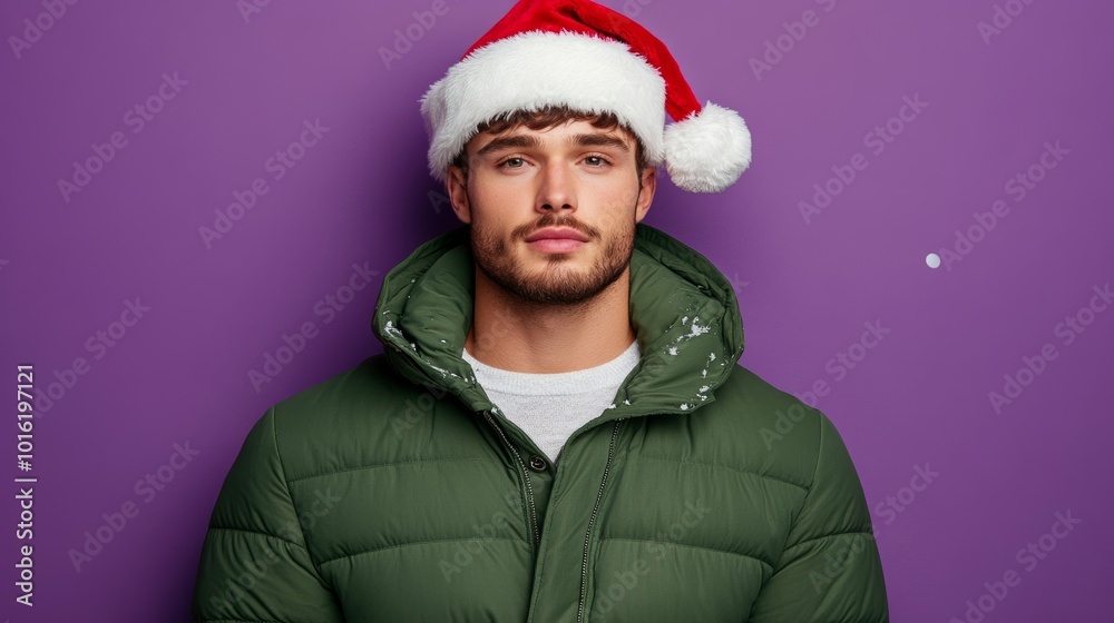 Festive male model in a winter coat and Santa hat with falling snow on a cool purple-to-blue gradient background Festive male model in a winter coat and Santa hat with falling snow on a cool purple-to-blue gradient background