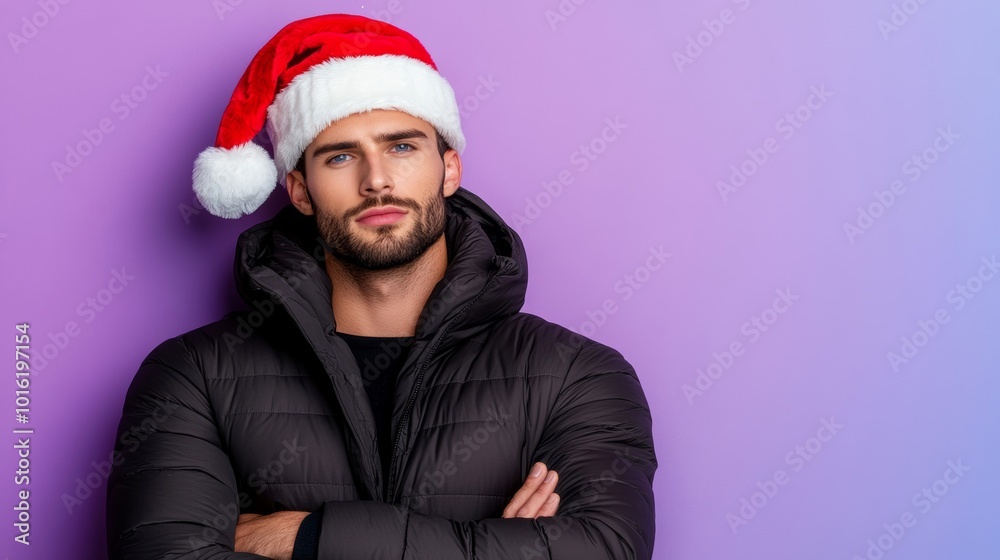 Festive male model in a winter coat and Santa hat with falling snow on a cool purple-to-blue gradient background Festive male model in a winter coat and Santa hat with falling snow on a cool purple-to-blue gradient background