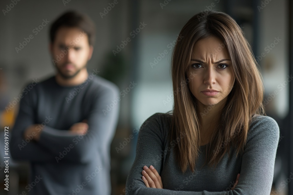 A woman with a stern expression gazes directly at the camera, arms crossed, as a man stands blurred in the background, suggesting tension and disagreement. A woman with a stern expression gazes directly at the camera, arms crossed, as a man stands blurred in the background, suggesting tension and disagreement.
