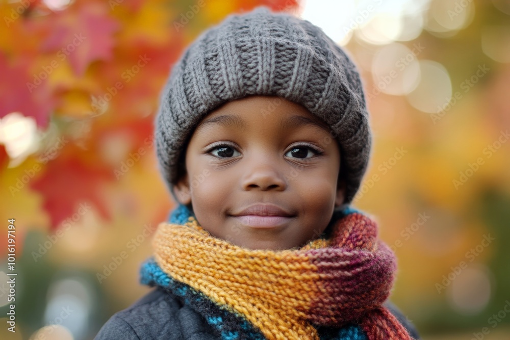 A cheerful child with bright eyes smiles warmly at the camera, dressed in a cozy knit hat and scarf, set against a colorful autumn background of leaves. A cheerful child with bright eyes smiles warmly at the camera, dressed in a cozy knit hat and scarf, set against a colorful autumn background of leaves.
