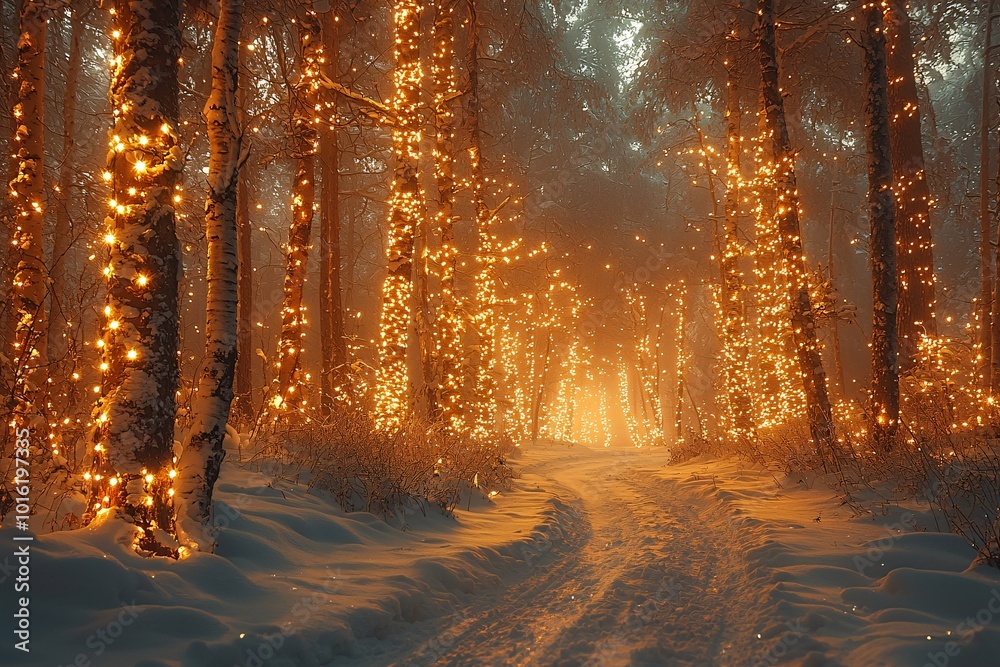 Snowy Forest with Twinkling Lights in Winter Wonderland Snowy Forest with Twinkling Lights in Winter Wonderland