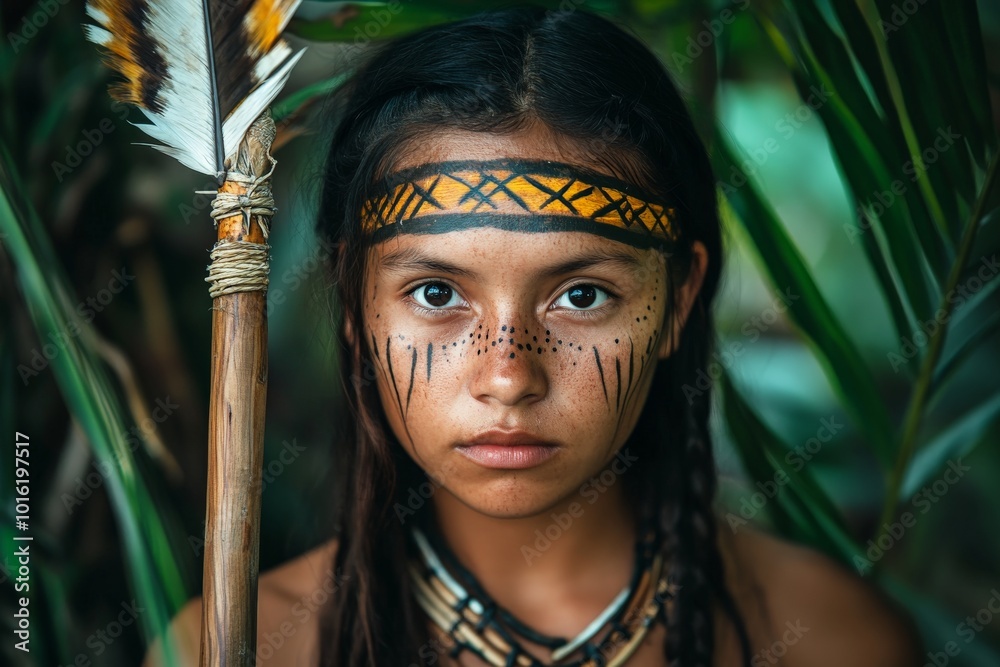 A young tribal girl with an arrow showcases focus and connection to nature in a lush forest, emphasizing heritage, innocence, and the power of tradition. A young tribal girl with an arrow showcases focus and connection to nature in a lush forest, emphasizing heritage, innocence, and the power of tradition.