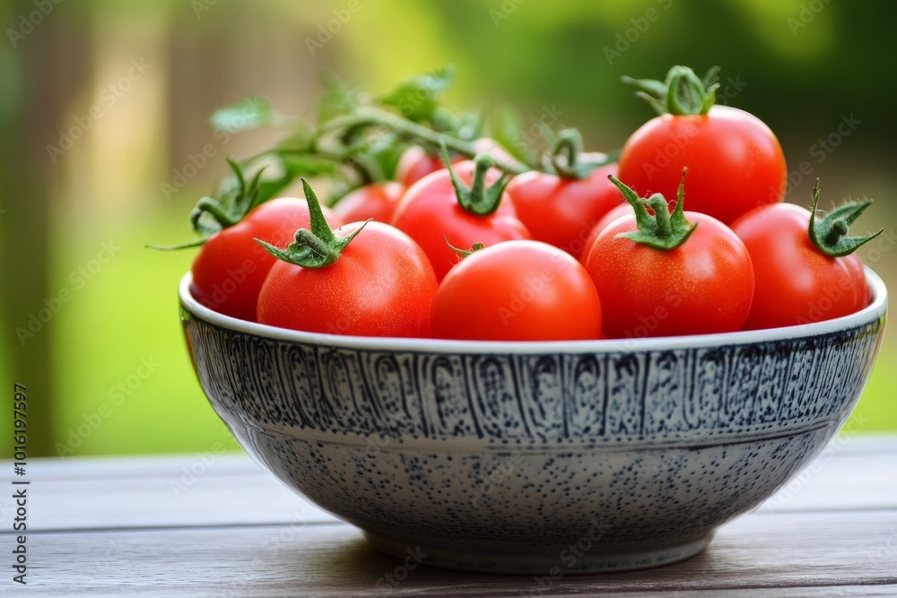 A decorative ceramic bowl filled with ripe, red cherry tomatoes sits on a table, with a blurred green garden background, symbolizing freshness and harvest time. A decorative ceramic bowl filled with ripe, red cherry tomatoes sits on a table, with a blurred green garden background, symbolizing freshness and harvest time.