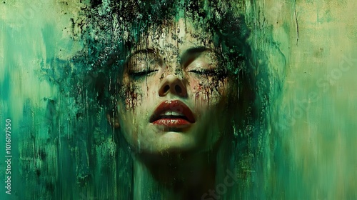 Woman's Face in Abstract Green Painting