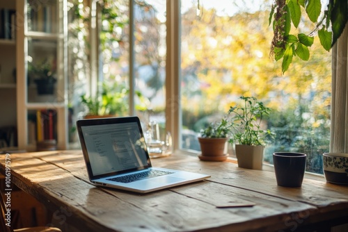 Wallpaper Mural A laptop rests on a wooden desk surrounded by potted plants, with a bright window showcasing a sunny landscape, fostering a productive and peaceful environment. Torontodigital.ca