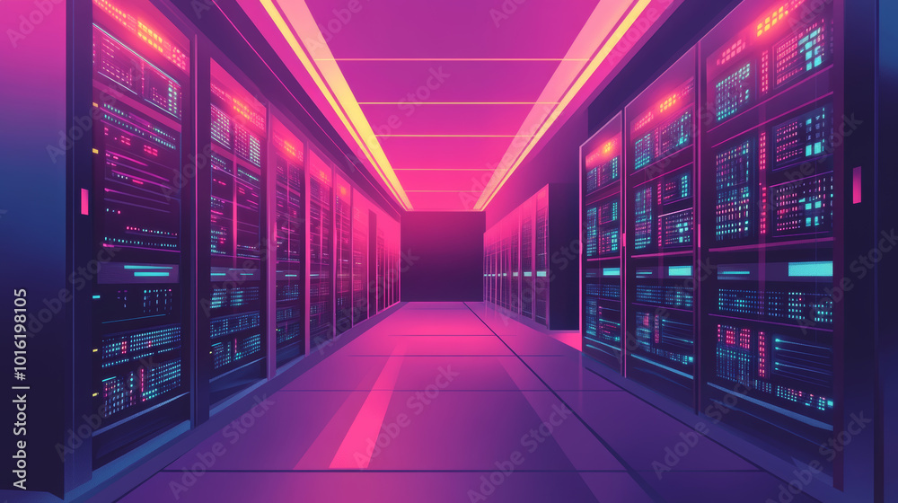 Fototapeta premium Create an isometric vector illustration of a futuristic energy station, featuring a sophisticated server room rack and a data center.