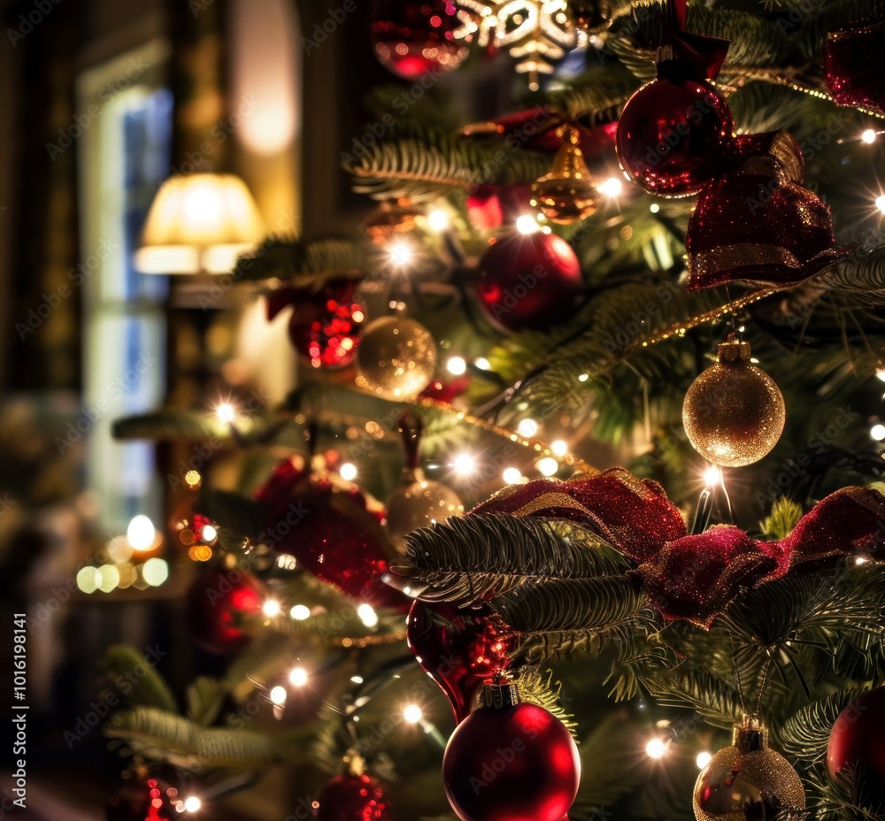 A festive Christmas tree glows warmly, adorned with shimmering gold and red baubles A festive Christmas tree glows warmly, adorned with shimmering gold and red baubles