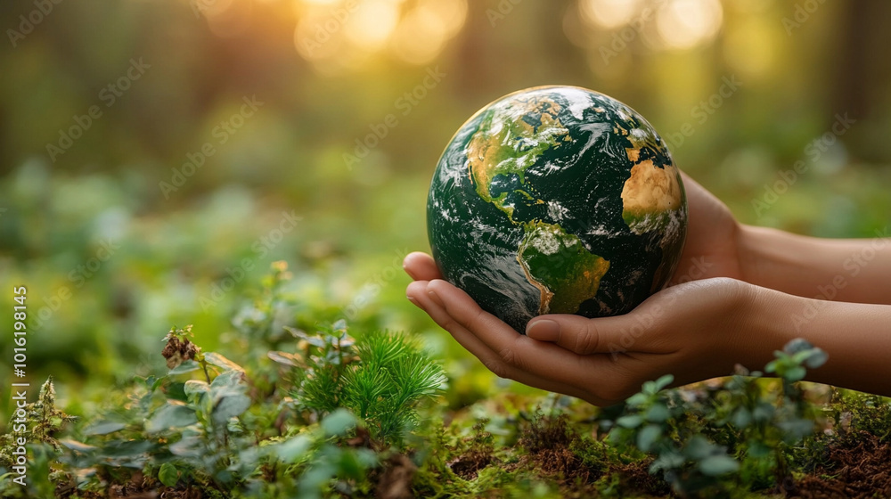 Two hands gently cradle a vibrant green Earth against a soft, blurred green bokeh background, symbolizing environmental care, global unity, and sustainability Two hands gently cradle a vibrant green Earth against a soft, blurred green bokeh background, symbolizing environmental care, global unity, and sustainability