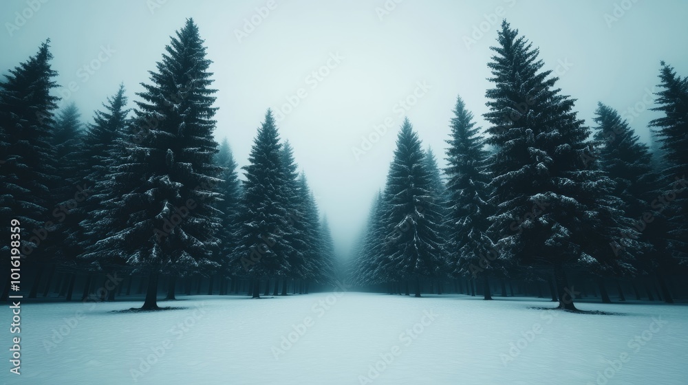 Naklejka premium Frost-covered tree trunks in a dense winter forest with deep snow on the ground and mist rising in the air