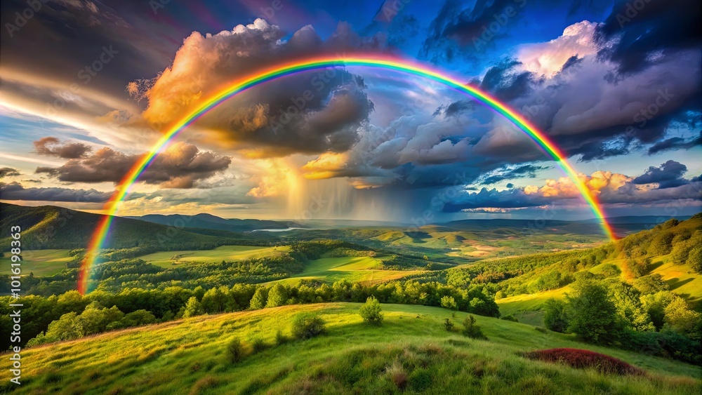 Obraz premium A majestic rainbow arches over a verdant landscape, a breathtaking scene of nature's artistry and the promise of a new beginning after a storm.