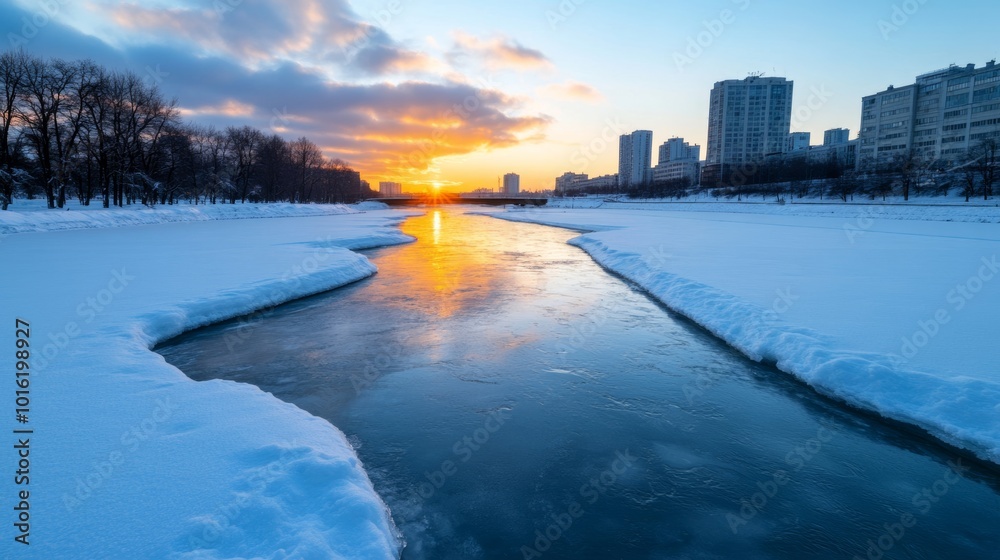 Fototapeta premium Frozen city river with snow-covered bridges and towering buildings reflecting in the icy waters at sunset 