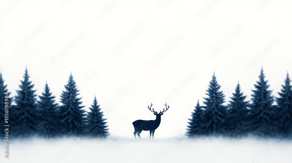 Frozen waterfall in a snow-covered forest with misty white sky and large empty space for text Frozen waterfall in a snow-covered forest with misty white sky and large empty space for text