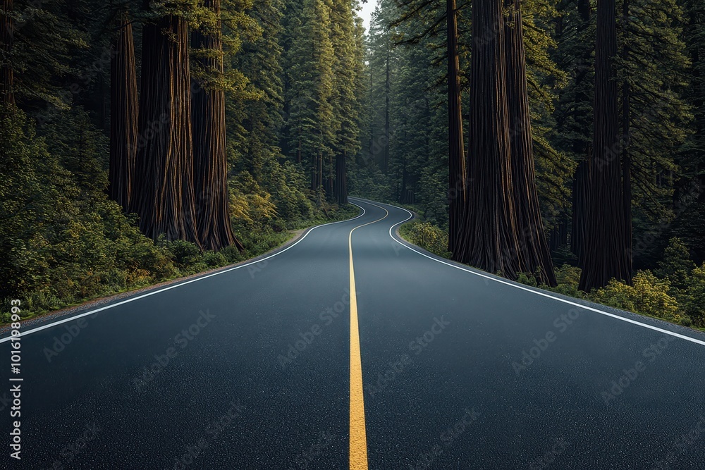 Naklejka premium A winding road surrounded by towering trees, inviting travelers to explore the beauty of nature and tranquility