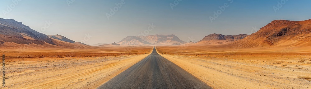 An endless road stretches through a vast desert landscape, framed by distant mountains under a clear blue sky An endless road stretches through a vast desert landscape, framed by distant mountains under a clear blue sky