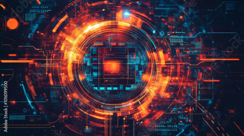 A digital chip with HUD (Heads-Up Display) elements, showcasing a futuristic microchip processor. This modern CPU illustration represents central computer processors, with a focus on advanced technolo