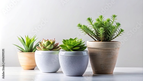 Wallpaper Mural A trio of succulents in pots, one with textured white ceramic, one with a smooth white ceramic pot and another in a brown clay pot, arranged on a white tabletop, bathed in soft, natural light. Torontodigital.ca