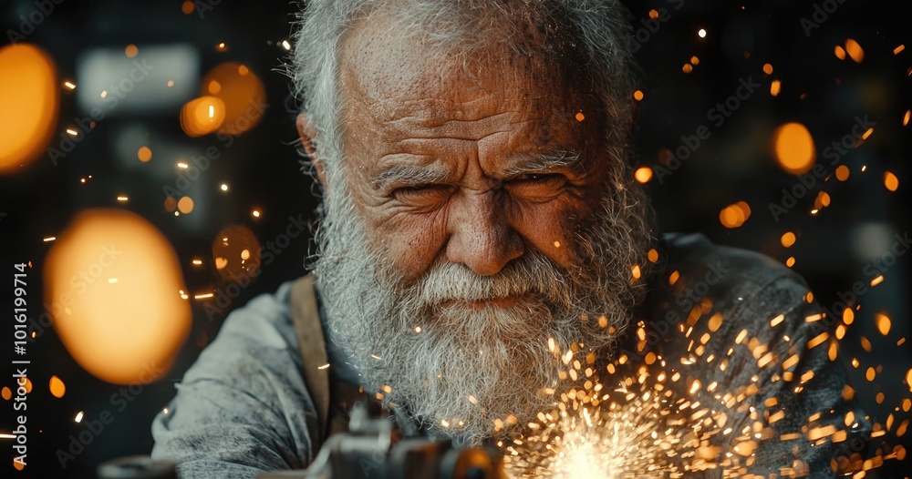 Skilled craftsman welding with sparks flying in workshop Skilled craftsman welding with sparks flying in workshop