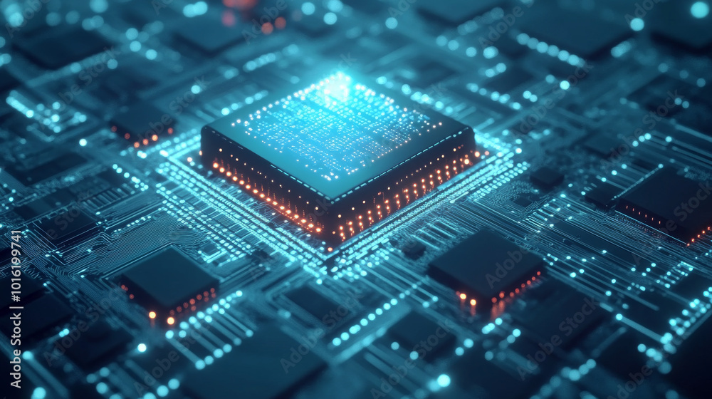 Obraz premium A futuristic microchip processor illuminated with lights, set against a blue background. This design represents quantum computing, large data processing, and the concept of advanced databases. It high