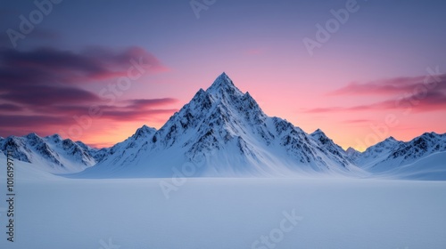 Glorious winter sunrise over snow-capped mountains with untouched snowfields and soft light on the peaks 