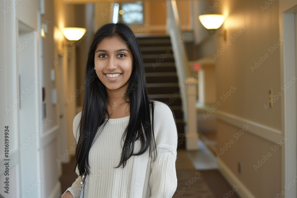 A woman wearing a white sweater stands in a hallway A woman wearing a white sweater stands in a hallway