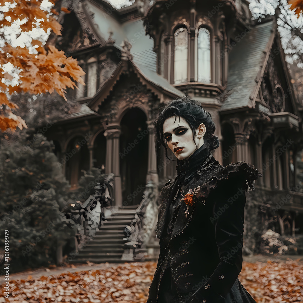 A vampire in a Victorian-style costume standing in front of a gothic mansion A vampire in a Victorian-style costume standing in front of a gothic mansion