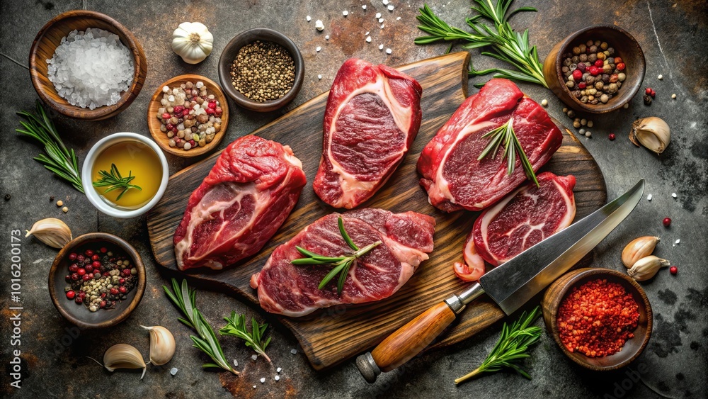 Raw meat steaks on a wooden cutting board surrounded by aromatic herbs and spices, ready for grilling. Raw meat steaks on a wooden cutting board surrounded by aromatic herbs and spices, ready for grilling.
