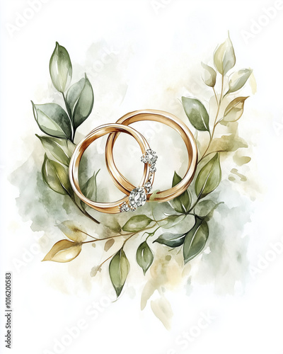 Watercolor wedding rings with leaves illustration