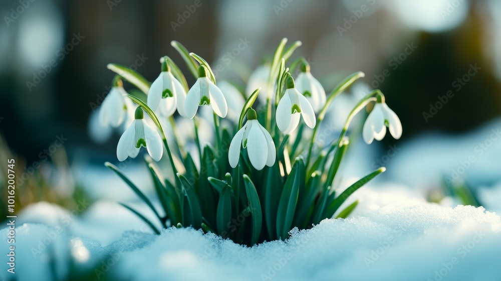 Group of snowdrops blossoming through a snowy meadow, delicate white petals gently swaying in the cold breeze, soft sunlight reflecting off the snow Group of snowdrops blossoming through a snowy meadow, delicate white petals gently swaying in the cold breeze, soft sunlight reflecting off the snow
