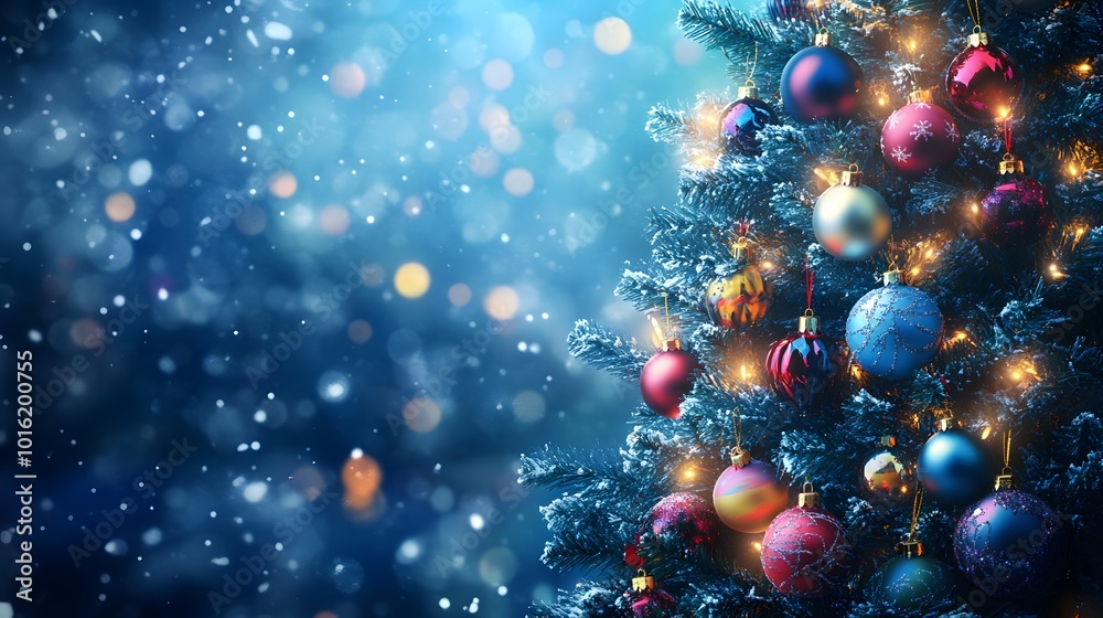 Decorated Christmas Tree with Ornaments and Fairy Lights Against a Blue Snowy Background Decorated Christmas Tree with Ornaments and Fairy Lights Against a Blue Snowy Background