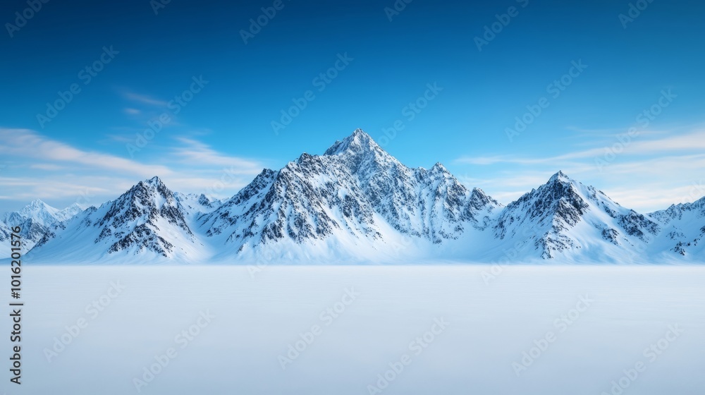 Jagged snow-capped mountains rising from a tranquil snowy valley under a soft pastel-colored winter sky Jagged snow-capped mountains rising from a tranquil snowy valley under a soft pastel-colored winter sky