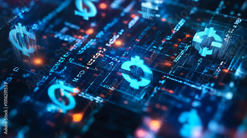 This illustration represents currency exchange technology through a dynamic blue abstract speed network. The design features interconnected lines, nodes,