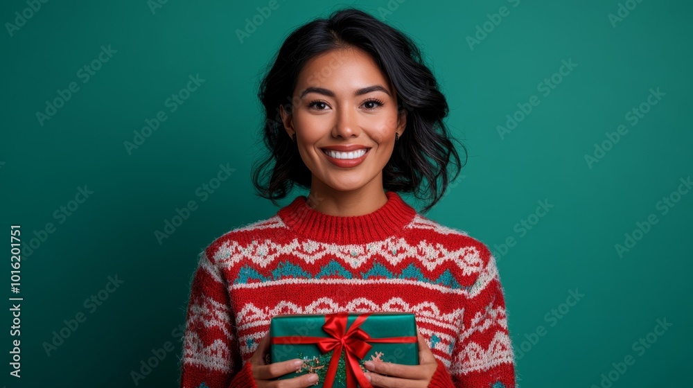 Joyful Native American woman in a festive sweater holding a Christmas gift on a green-to-blue gradient background Joyful Native American woman in a festive sweater holding a Christmas gift on a green-to-blue gradient background