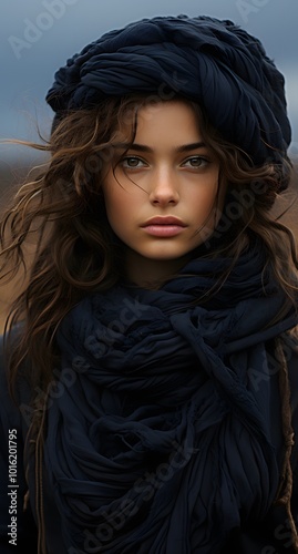 Dark and Brooding Fashion: Girl Standing in a Field with a Scarf - A Striking Contrast of Style and Nature