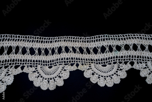 Handmade lace tablecloth, coffee table cover, towel edge. Anatolian motifs, nostalgic crochet lace detail texture.