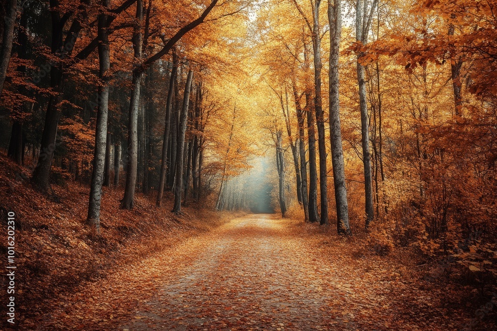 Obraz premium The image captures a captivating autumn forest path, framed by towering trees in brilliant golden hues, evoking a sense of tranquility and seasonal beauty.