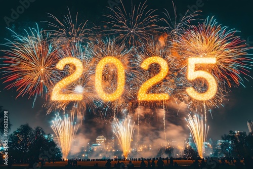 Futuristic 2025 New Year Celebration: Holographic Fireworks, Augmented Reality, and High-Tech Countdown in a Cyberpunk City